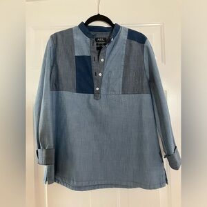 A.P.C RUE MADAME PARIS Top Denim Mandarin collared shirt Sz M or L EU 40 Blue